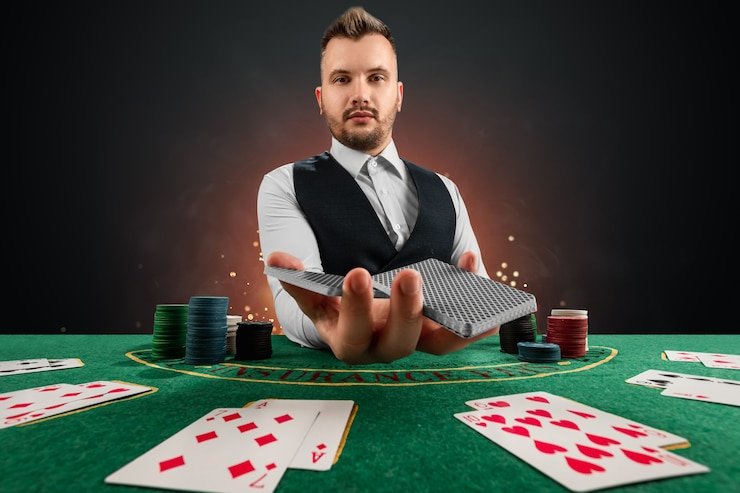 Dealer profesional American Roulette di studio live dengan latar belakang kasino mewah